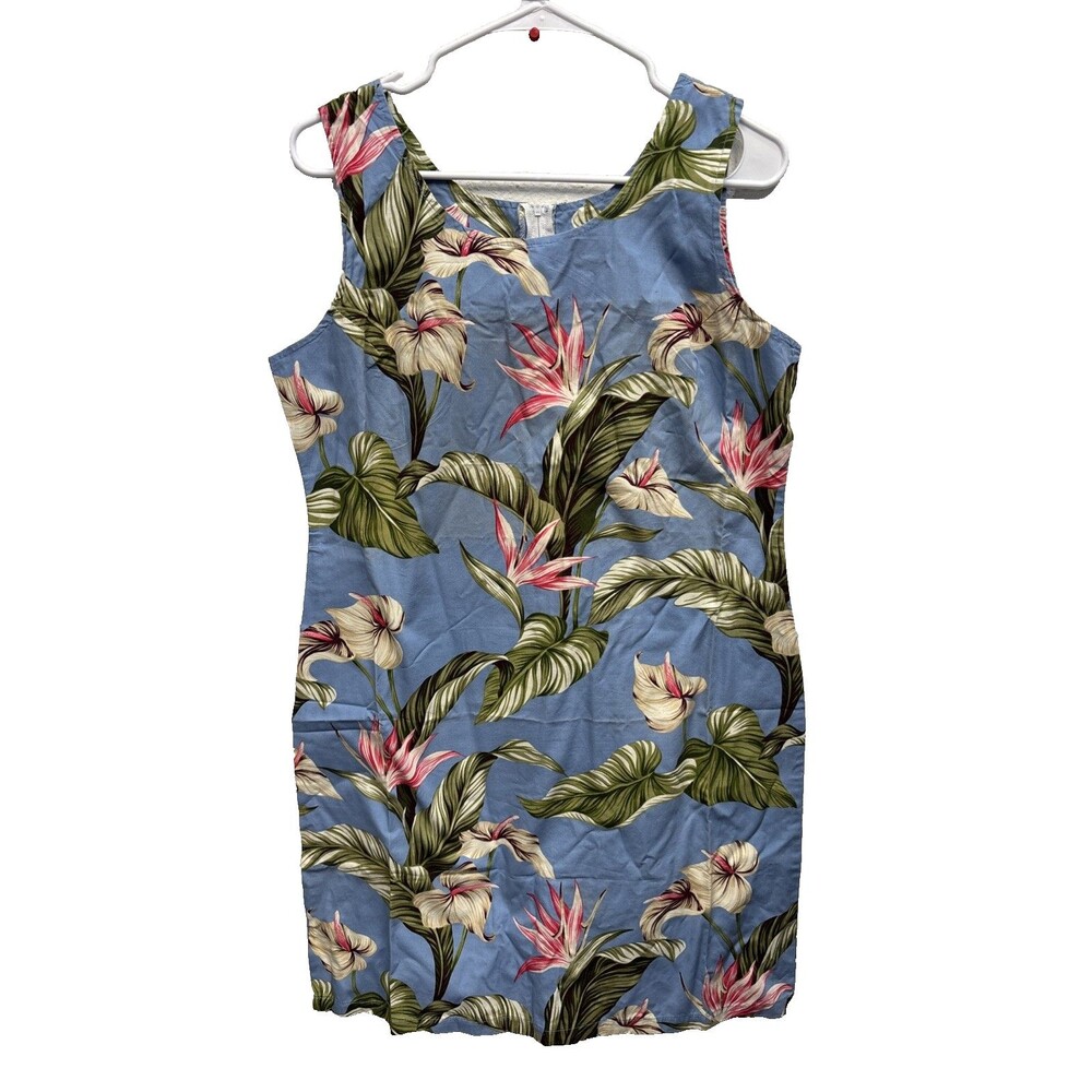 Bishop St. Apparel Women Shift Dress Sleeveless Blue Floral Cotton XL Zip Slit